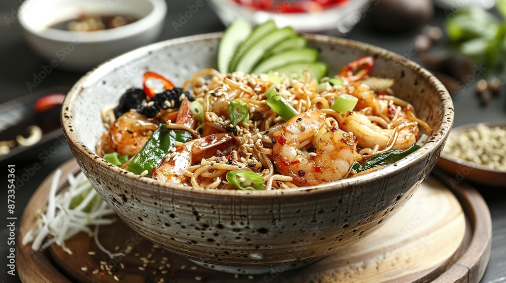 A close-up of a bowl of food on a table, surrounded by chopsticks and other food bowls in the background A close-up of a bowl of food on a table, surrounded by chopsticks and other food bowls in the background