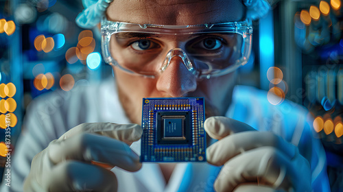 Close-up of a professional scientist holding a modern microprocessor chip. Scientific laboratory environment focused on the research and development of microelectronics and processors photo