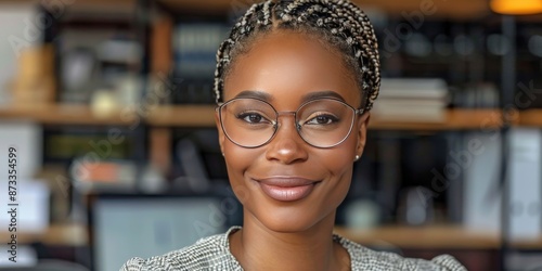 Portrait of a Smiling Woman With Braids and Glasses in an Office Setting