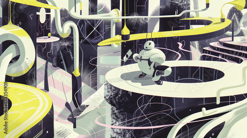 Futuristic Cityscape with Robots and Curved Pathways