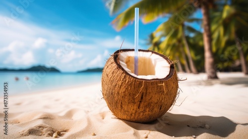 Wallpaper Mural Coconut with straw on tropical beach. Vacation and travel concept Torontodigital.ca