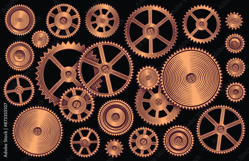 Cogwheels. Design set. Editable hand drawn illustration. Vector vintage engraving. Isolated on black background. 8 EPS Cogwheels. Design set. Editable hand drawn illustration. Vector vintage engraving. Isolated on black background. 8 EPS