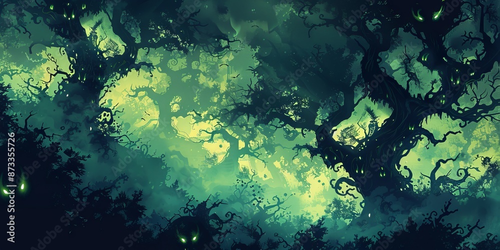 Enchanted Forest at Night With Glowing Eyes and Twisted Trees Enchanted Forest at Night With Glowing Eyes and Twisted Trees