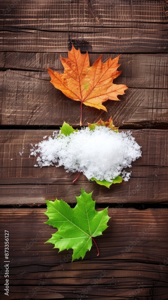 Three maple leaves, one green, one brown, and one covered in white snow, lie on a wooden plank Three maple leaves, one green, one brown, and one covered in white snow, lie on a wooden plank