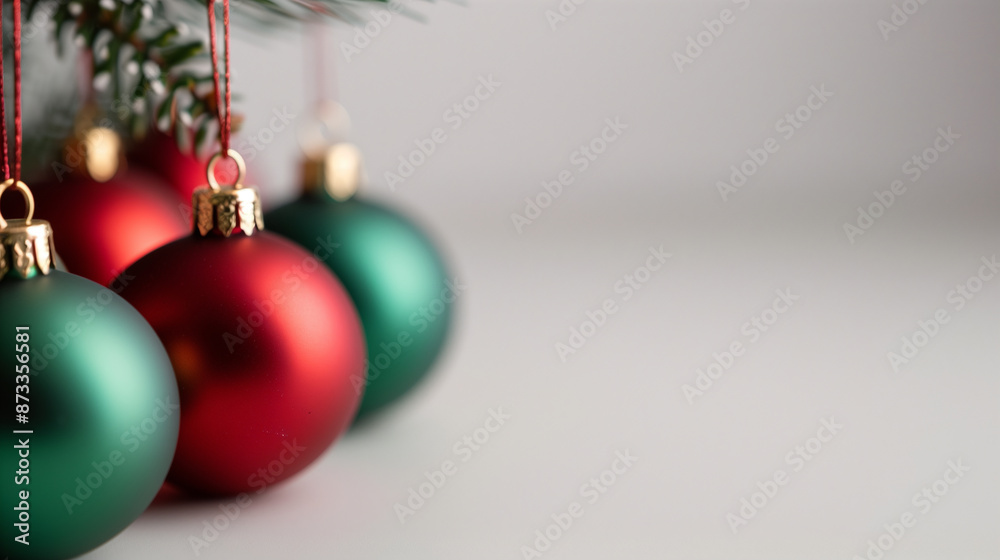 background with red and green Christmas ornaments hanging against a snowy white background, with empty space for New Year's and holiday greetings
background with red and green Christmas ornaments hanging against a snowy white background, with empty space for New Year's and holiday greetings