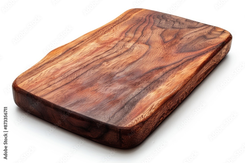 A wooden cutting board with a grainy texture. It is rectangular in shape and has a brown color A wooden cutting board with a grainy texture. It is rectangular in shape and has a brown color