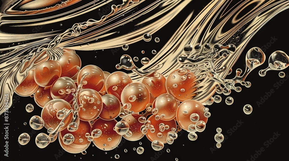 Naklejka premium A macro of multiple bubbles against a dark background, featuring a vortex at image center