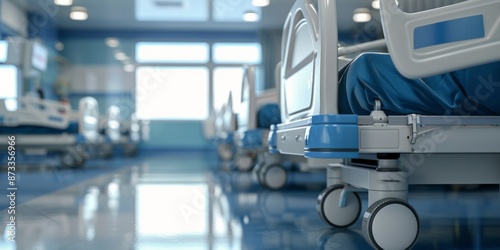 Empty Hospital Beds Lined Up in a Corridor