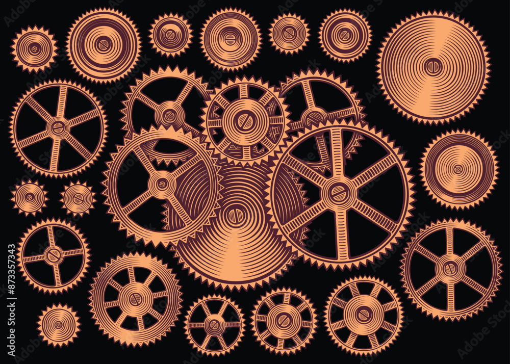 Cogwheels. Design set. Editable hand drawn illustration. Vector vintage engraving. Isolated on black background. 8 EPS Cogwheels. Design set. Editable hand drawn illustration. Vector vintage engraving. Isolated on black background. 8 EPS