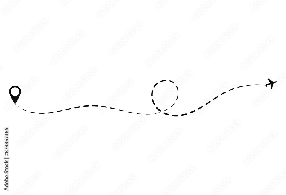 Airplane flight route icon in transparent style. Travel line path vector illustration on isolated background. Dash line trace business concept. Vector illustration. Eps file 24. Airplane flight route icon in transparent style. Travel line path vector illustration on isolated background. Dash line trace business concept. Vector illustration. Eps file 24.