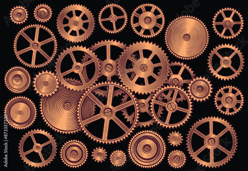 Cogwheels. Design set. Editable hand drawn illustration. Vector vintage engraving. Isolated on black background. 8 EPS