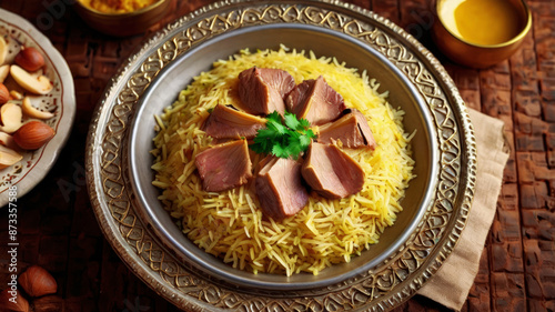 Mansaf. It is a traditional Jordanian dish made of lamb cooked in a sauce of fermented dried yogurt. photo