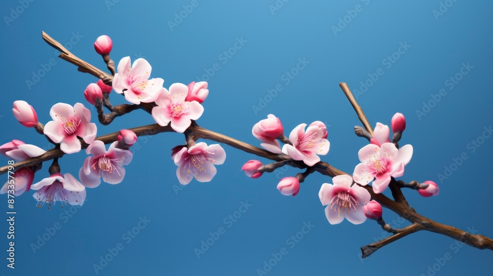 Cherry blossom branch on blue background, copy space for text Cherry blossom branch on blue background, copy space for text