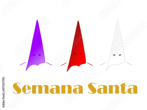 Icon of three typical Capirotes of Spanish Holy Week in purple, red and white photo