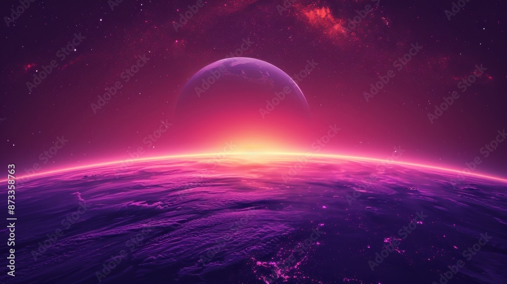Vivid purple sunrise over planet surface with moon, stars, and nebula in background. Concept of space, galaxy, universe, astronomy. Vivid purple sunrise over planet surface with moon, stars, and nebula in background. Concept of space, galaxy, universe, astronomy.