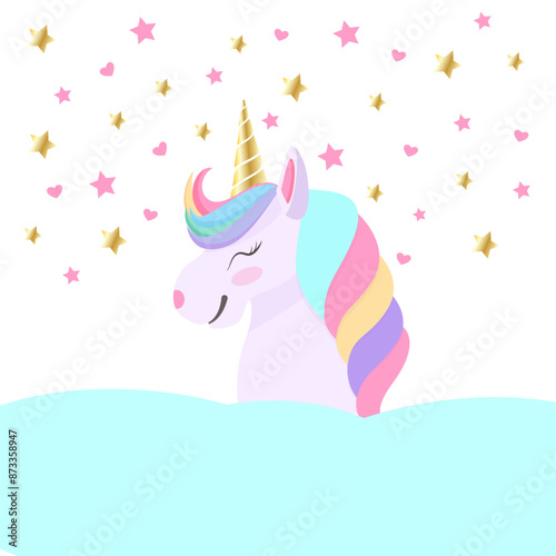 Cute cartoon character happy magic unicorn with rainbow mane and tail. Vector illustration isolated on a white background. For print, design, poster, sticker, card, decoration, kids birthday