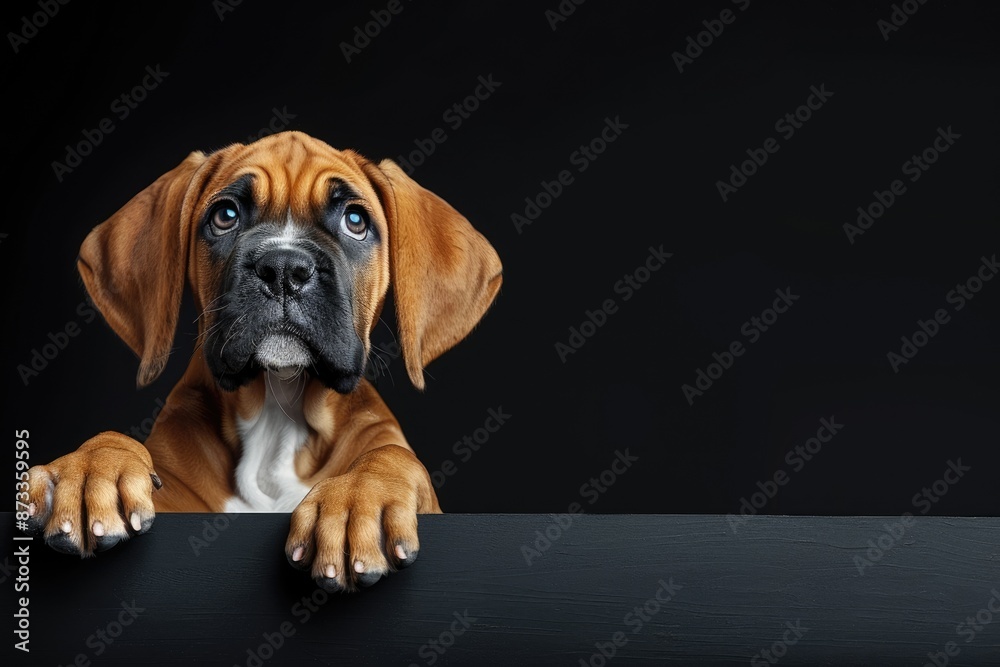 Cute brown boxer puppy on a black background with empty space. Cute brown boxer puppy on a black background with empty space.