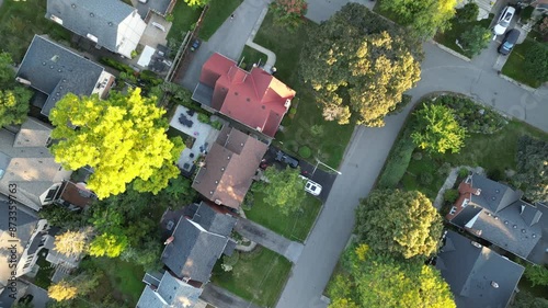 Aerial Birdseye Drone view over residential neighbourhood during the sunny day. Canada Toronto