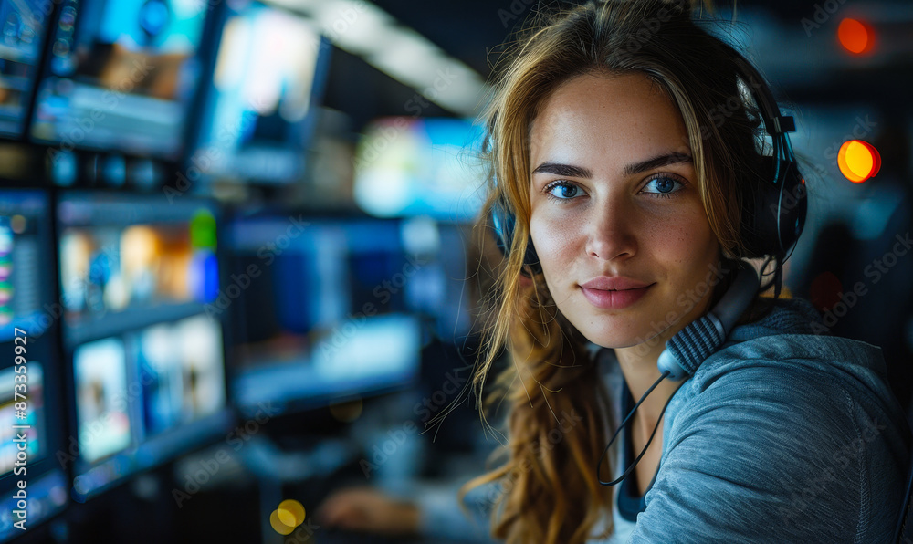Obraz premium Creative Female Video Editor Working on Footage in Modern Office Studio at Night, Focused and Engaged in Creative Process