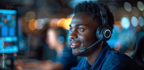 Smiling Male Technician Wearing Headset in Modern Control Room