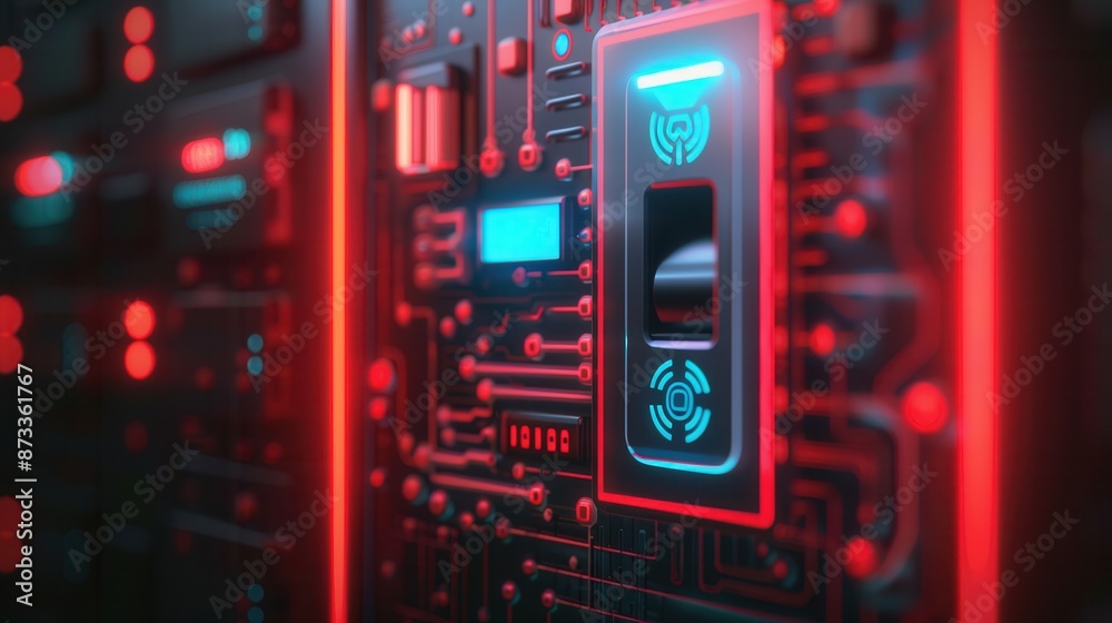 A futuristic circuit board with a glowing blue and red interface