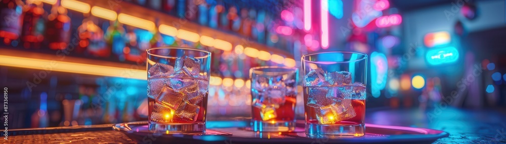 Two glasses of colorful drinks on a bar counter with neon lights in the background. Two glasses of colorful drinks on a bar counter with neon lights in the background.