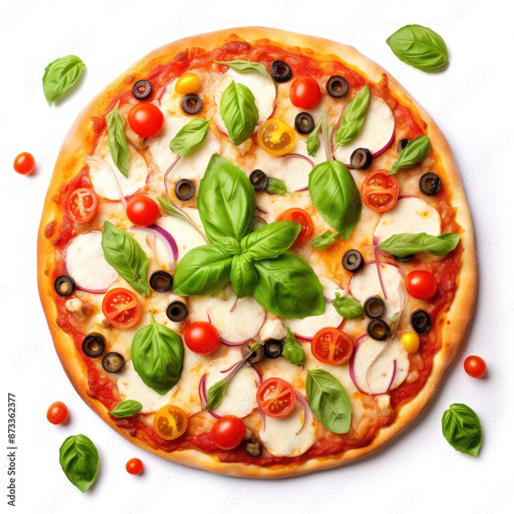 A pizza with tomatoes, basil, and olives on top A pizza with tomatoes, basil, and olives on top