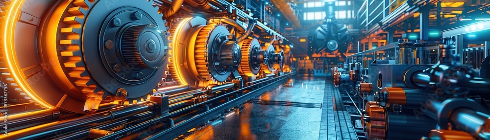 Fototapeta premium Abstract industrial background with glowing gears and machinery.