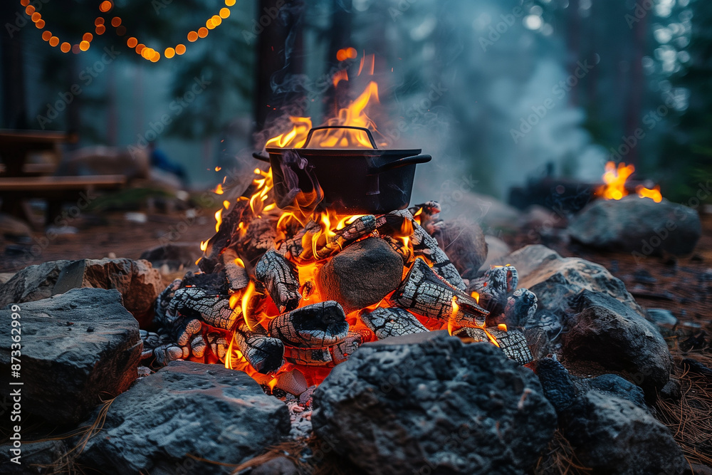 Campfire with a pot hanging over the flames Campfire with a pot hanging over the flames