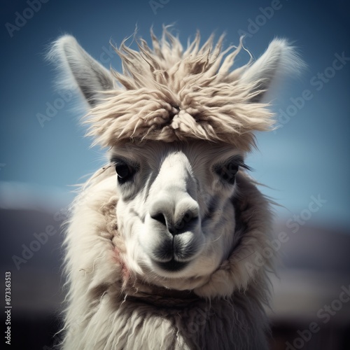 a close up of a llama s face with a brown mane . High quality photo