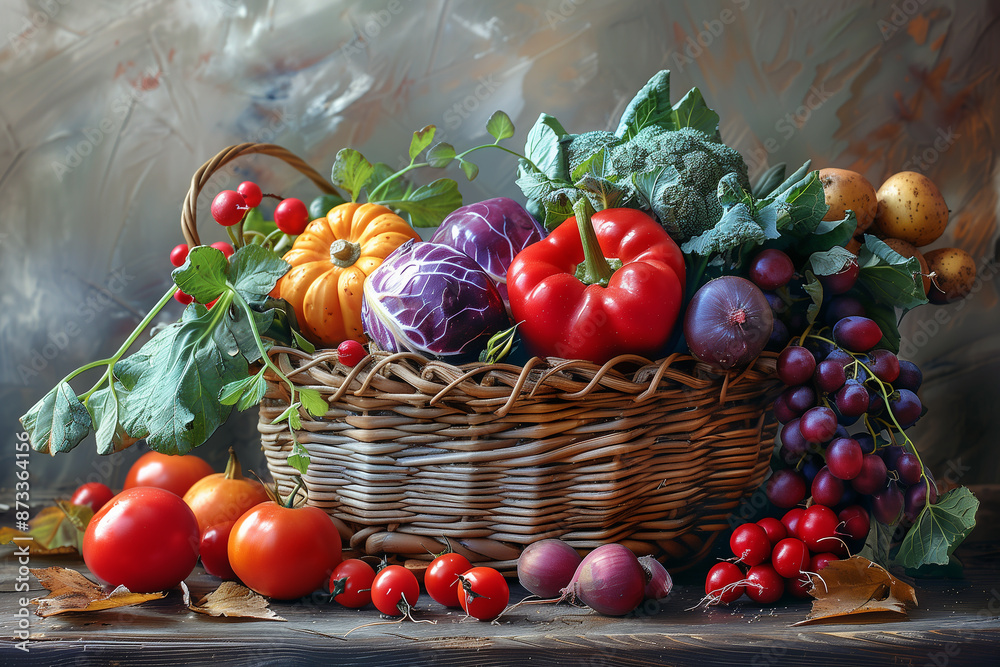 Early fall harvest vegetables in a rustic basket Early fall harvest vegetables in a rustic basket