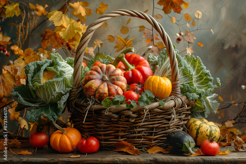 Early fall harvest vegetables in a rustic basket Early fall harvest vegetables in a rustic basket