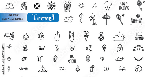 Travel icon set. Summer vacations and holiday symbol vector illustration. Сlipart with travelling elements, bags, transport, map, palm, seashells, bikini. 