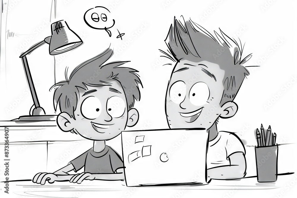 Father and son at the laptop - cartoon people characters illustration on white background. Generative AI Father and son at the laptop - cartoon people characters illustration on white background. Generative AI