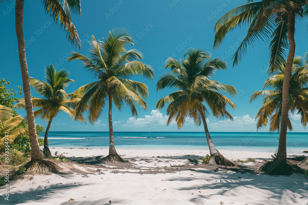 Palm trees swaying over a white sandy beach Palm trees swaying over a white sandy beach