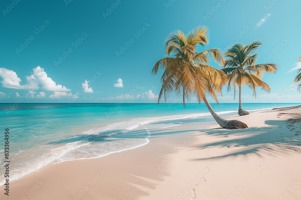 Obraz premium Palm trees swaying over a white sandy beach