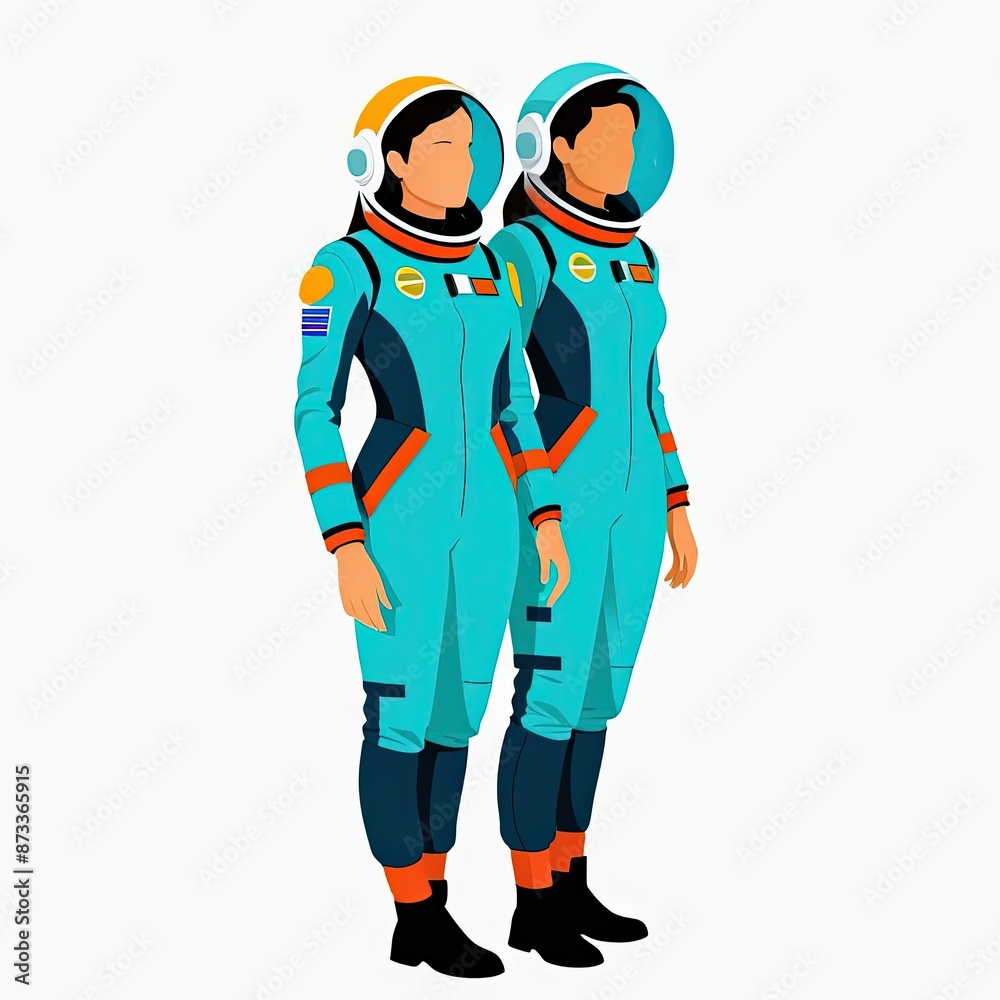 Image of two astronauts in futuristic space suits standing side by side against a minimalist white background. Image of two astronauts in futuristic space suits standing side by side against a minimalist white background.