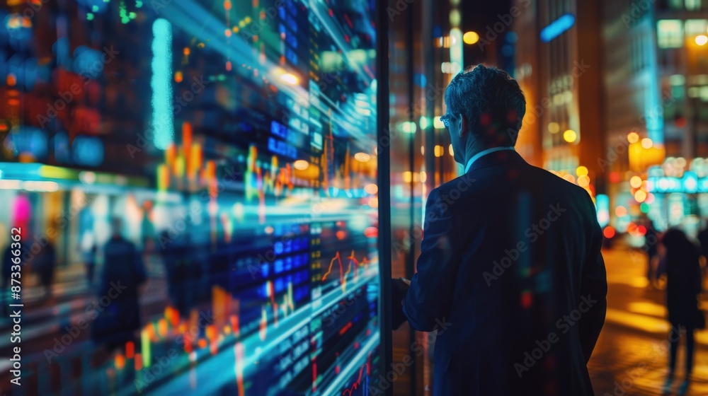 A man in a suit is looking at a computer screen with a lot of numbers and graphs. He is focused on the data displayed A man in a suit is looking at a computer screen with a lot of numbers and graphs. He is focused on the data displayed