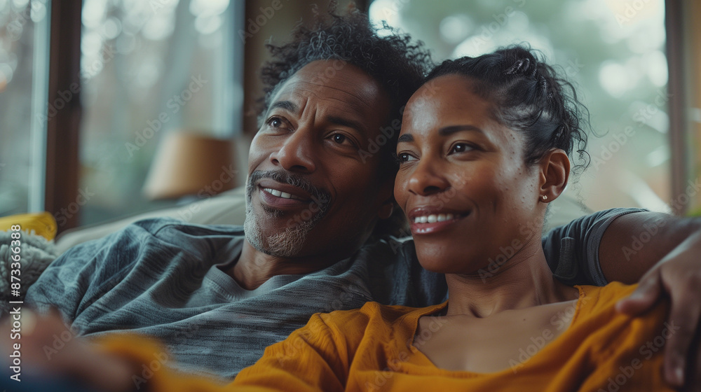 Middle-aged interracial couple smiling in a home setting. Middle-aged interracial couple smiling in a home setting.