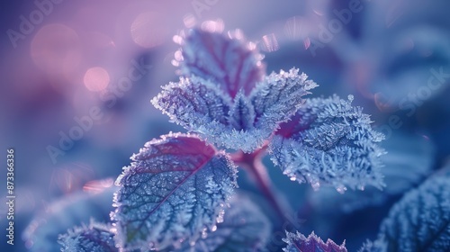 An icy branch with blue leaves, isolated on a blurry pink and purple background, conveying the cold beauty of a frosty morning.