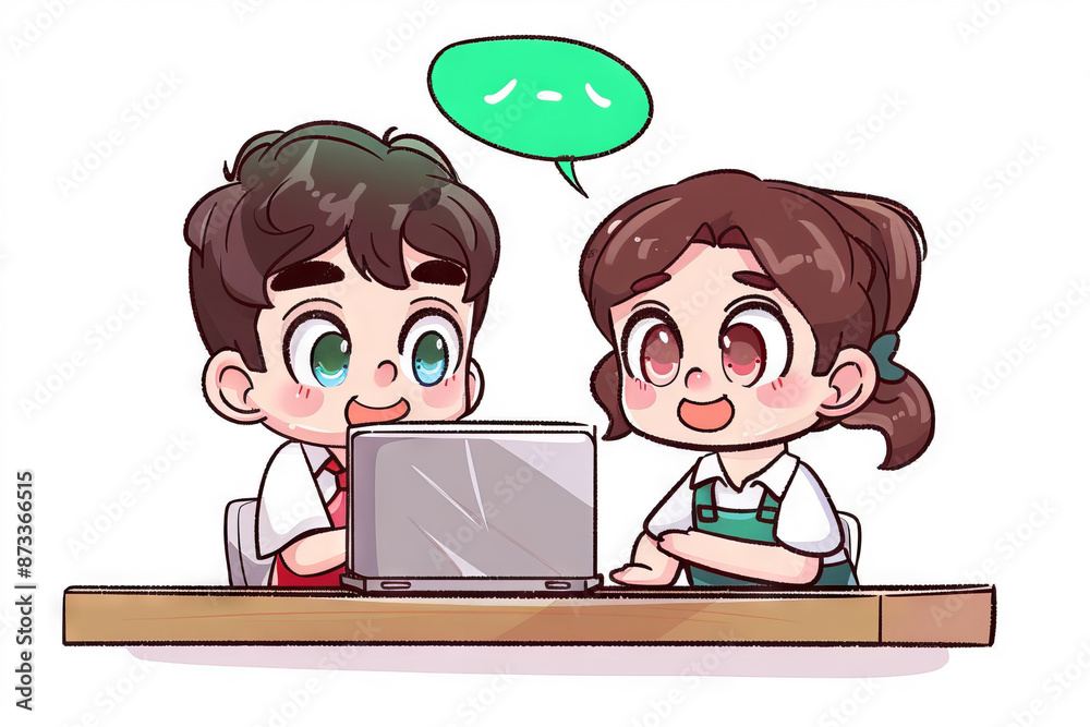 Father and son at the laptop - cartoon people characters illustration on white background. Generative AI Father and son at the laptop - cartoon people characters illustration on white background. Generative AI