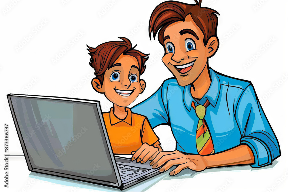 Father and son at the laptop - cartoon people characters illustration on white background. Generative AI Father and son at the laptop - cartoon people characters illustration on white background. Generative AI