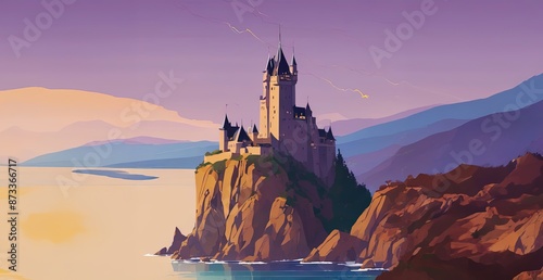 Majestic castle perched on cliff over a serene body of water with sunset hues in the background