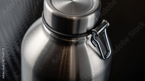 A closeup image of a lightweight aluminum water bottle with a doublewalled design to keep drinks hot or cold for longer periods of time. photo