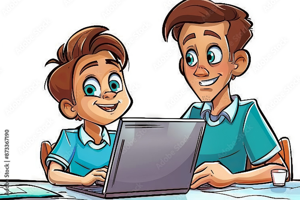 Father and son at the laptop - cartoon people characters illustration on white background. Generative AI Father and son at the laptop - cartoon people characters illustration on white background. Generative AI