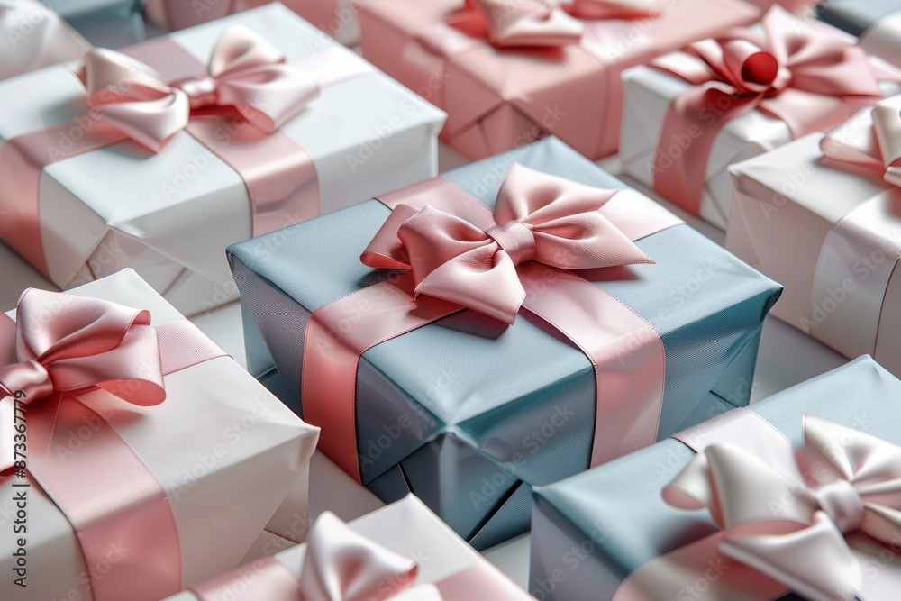 A collection of white, light blue and pink gift boxes with pink ribbons neatly stacked next to each other. Gift for Christmas, birthday or anniversary. A collection of white, light blue and pink gift boxes with pink ribbons neatly stacked next to each other. Gift for Christmas, birthday or anniversary.