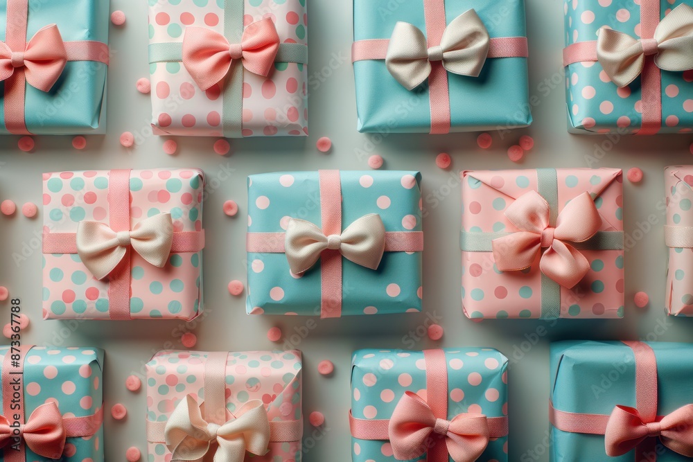 A collection of light blue and pink polka dot and solid gift boxes with pink ribbons and bows arranged in a grid pattern. Gift for Christmas, birthday or anniversary. A collection of light blue and pink polka dot and solid gift boxes with pink ribbons and bows arranged in a grid pattern. Gift for Christmas, birthday or anniversary.