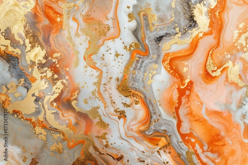 Vibrant orange and white marble texture with fluid art patterns, perfect for modern designs and artistic backgrounds.