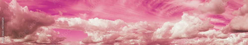 Obraz premium Bright Toned Pink Panorama Of Cloudy Sky. Natural Day Cloudy Sky Abstract Background. Panorama Panoramic View. Backdrop. Copy Space. Magenta Colors