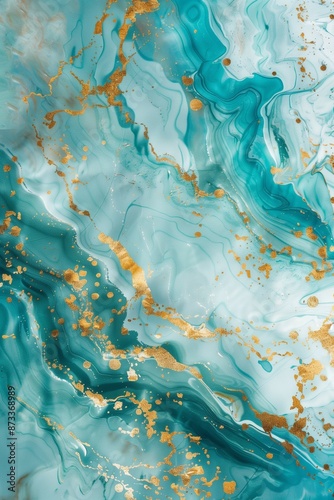 Fresh abstract marble texture with aqua, gold, and white swirling patterns, ideal for contemporary backgrounds and design elements.
